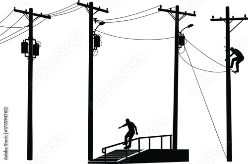 Silhouette utility poles with transformers, power lines, worker climbing pole, skateboarder performing trick, urban infrastructure, street culture, electricity grid illustration