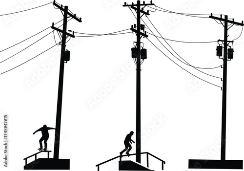 Silhouette utility poles with transformers, power lines, skateboarders performing tricks, urban infrastructure, street sports, electricity grid, black and white illustration