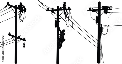 Silhouette utility poles with workers, electrical maintenance, power line installation, urban infrastructure, energy grid, overhead wires, electricity, engineering illustration