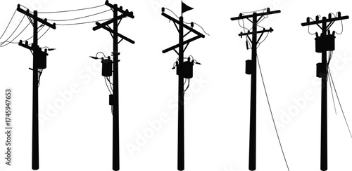 Silhouette utility poles with wires, transformers and equipment, electrical distribution system, urban infrastructure, energy grid, overhead lines, electricity illustration
