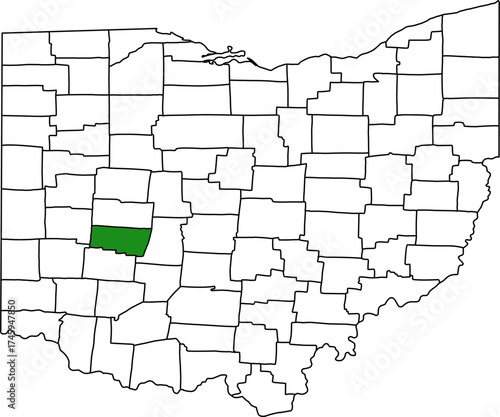 Detailed vector map of Ohio highlighting Clark County, a west-central territory centered on the city of Springfield, known historically for its manufacturing and industrial legacy.

