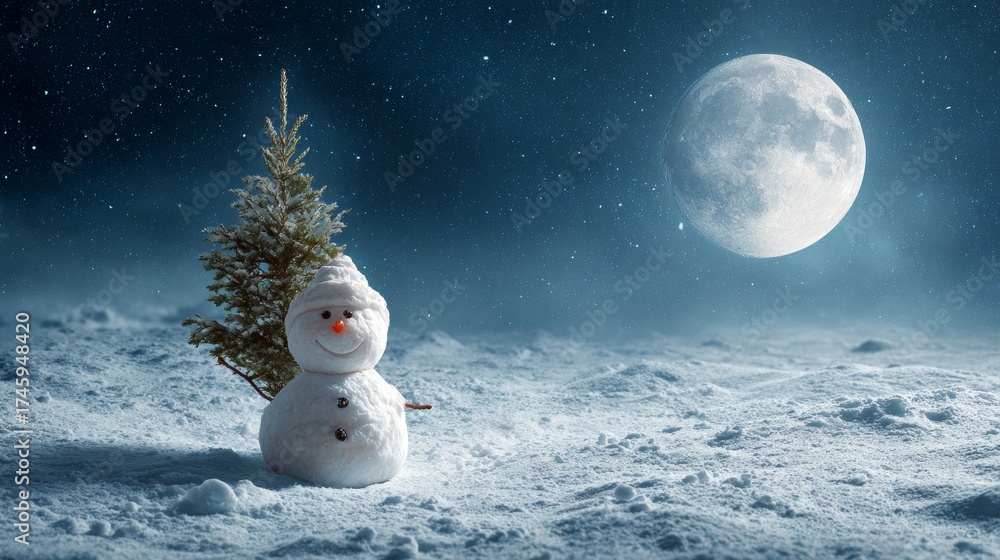 Obraz premium Snowman with face next to a pine tree in snow at night with a big full moon