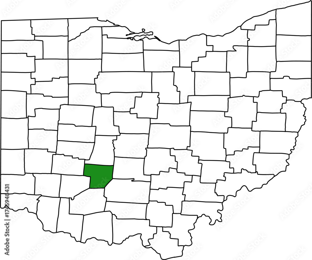 Obraz premium Detailed vector map of Ohio highlighting Fayette County, a central territory known for its flat topography and extensive, high-production agricultural land use.