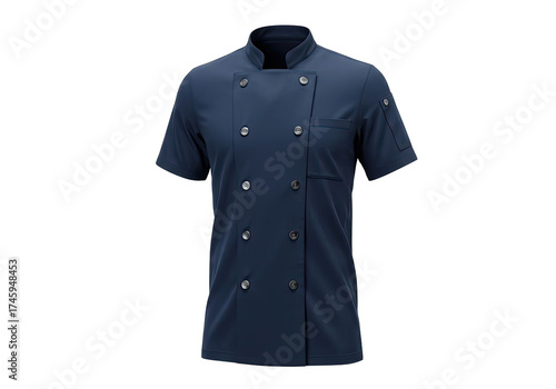 Professional navy blue chef coat with short sleeves isolated against a black background