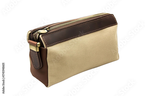 Stylish canvas and leather toiletry bag on black backdrop offering timeless elegance