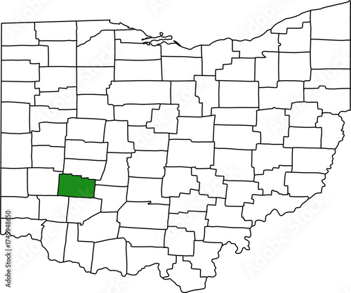Detailed vector map of Ohio highlighting Greene County, a southwestern territory located in the Dayton metro area, home to Wright-Patterson Air Force Base and Wright State University.

