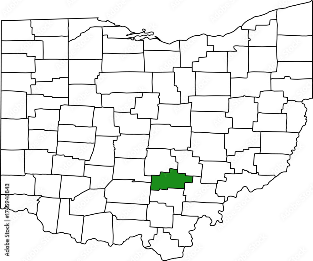 Obraz premium Detailed vector map of Ohio highlighting Hocking County, a scenic south-central territory located in the Appalachian Plateau, famous for the rugged terrain of Hocking Hills State Park.