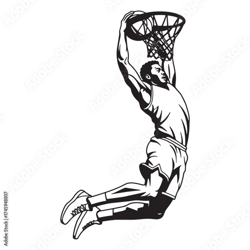 Basketball Player Mid- Dunk Silhouette Keywords: basketball, player, dunk, slam dunk, hoop, net