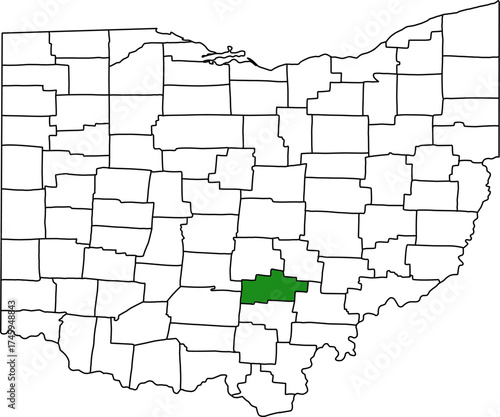 Detailed vector map of Ohio highlighting Hocking County, a scenic south-central territory located in the Appalachian Plateau, famous for the rugged terrain of Hocking Hills State Park.

