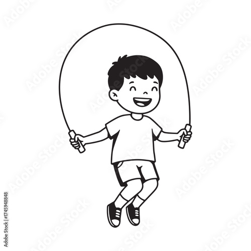 Boy jumping rope on white background child