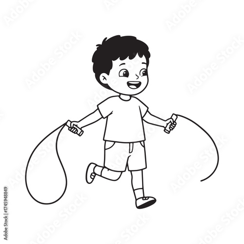 Boy jumping rope in outline illustration skipping active