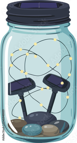 Illuminated jar with lights, stones, and two solar panels inside