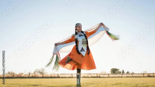 A vibrant indigenous woman in traditional dress stands proudly in a field, celebrating her cultural heritage