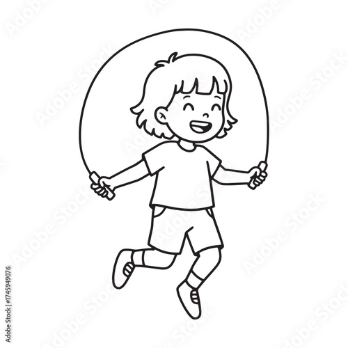 Joyful child skipping rope with closed eyes girl jumping rope