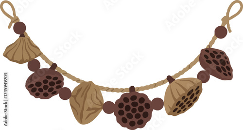 Decorative garland of natural lotus seed heads on light background