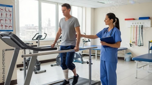 Man walking on a treadmill with a physical therapist in a rehabilitation center with exercise equipment