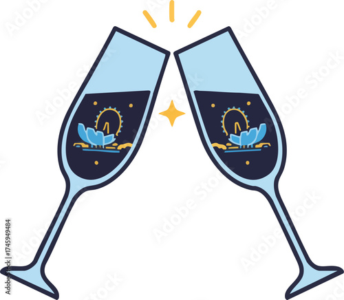 Celebration toast with champagne glasses against a white background