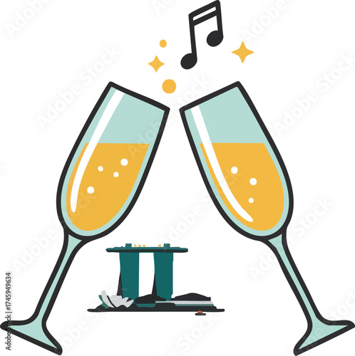Champagne glasses toasting with cityscape and musical note vector art