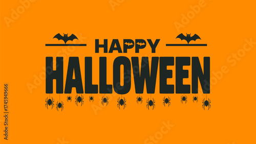 Happy halloween greeting with bats and spiders on an orange background for seasonal celebration and spooky fun perfect for halloween events