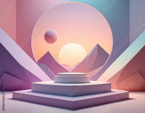 Abstract Geometric Composition with Soft Pastel Colors and Mountain Silhouette Backdrop