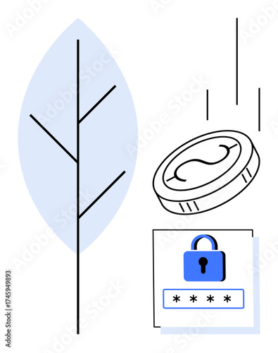 Coin dropping near lock with password and abstract tree design, visualizing eco-finance, cybersecurity, and balance. Ideal for sustainability, finance, innovation, nature, protection technology