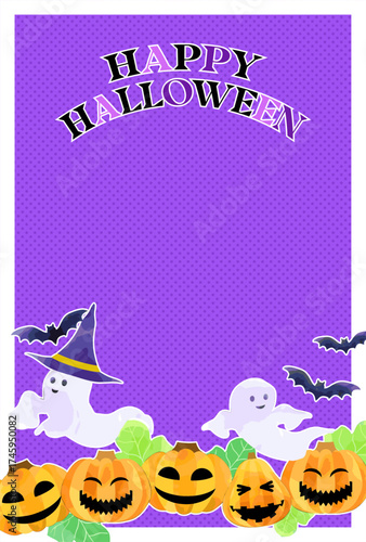 ハロウィンのはがきテンプレート、おばけとかぼちゃとコウモリ