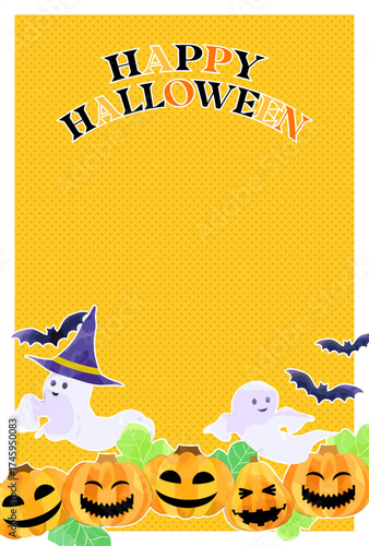 ハロウィンのはがきテンプレート、おばけとかぼちゃとコウモリ