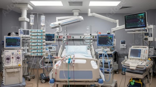 Modern intensive care unit with advanced medical equipment, showcasing healthcare technology and patient care in a hospital setting