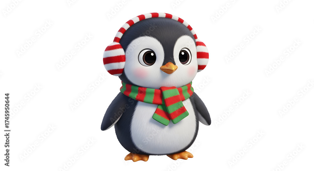 Obraz premium A charming cartoon animal wearing striped earmuffs and a matching scarf. The animal has a cheerful expression and is set against a transparent background ideal for various design applications.