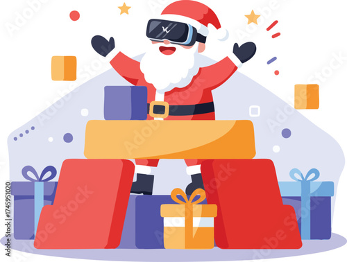 Santa in VR headset with gifts and stars, christmas illustration