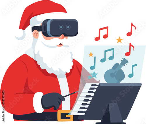 Santa using virtual reality to compose Christmas music on a keyboard