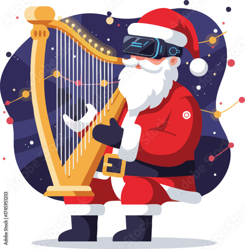 Santa playing the harp wearing a VR headset illustration