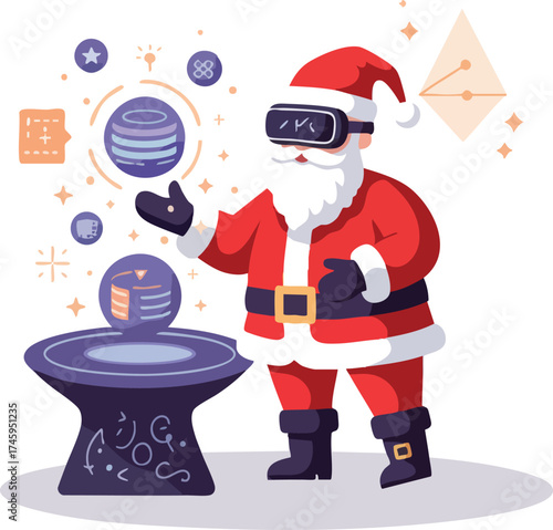 Santa Claus using virtual reality headset with digital objects