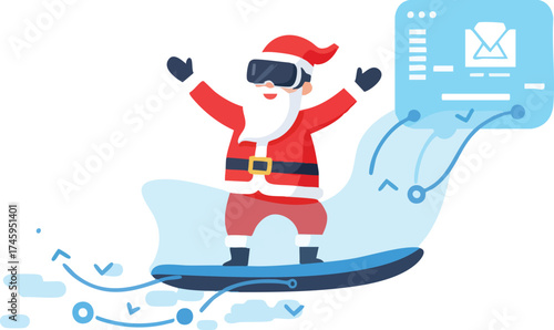 Santa surfing with virtual reality glasses delivering emails, vector