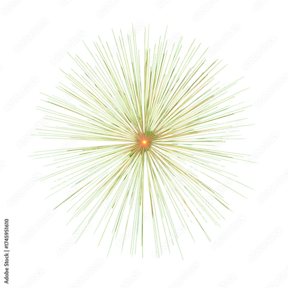 Obraz premium A vibrant starburst of light with a glowing orange core and radiant green rays, an abstract representation of an explosion or creative spark on a white background