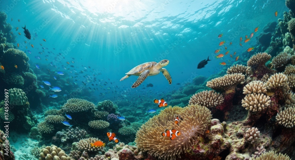 Naklejka premium Underwater coral reef teeming with marine life. Sunlight streams down, illuminating a sea turtle and vibrant fish amongst diverse coral formations