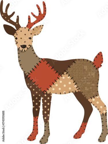 Cute patchwork deer illustration on a white background, full length
