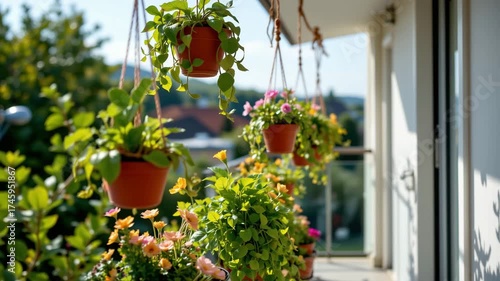 Balcony Garden Oasis: A vibrant balcony bursts with life, adorned with a series of colorful hanging baskets brimming with flourishing plants and flowers.