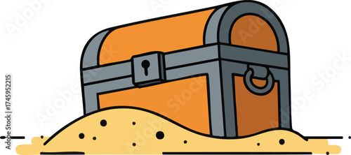Treasure chest in the sand, riches, and discovery illustration