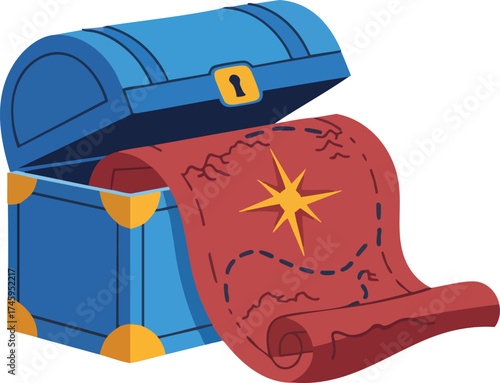Blue treasure chest with a map on an isolated white background