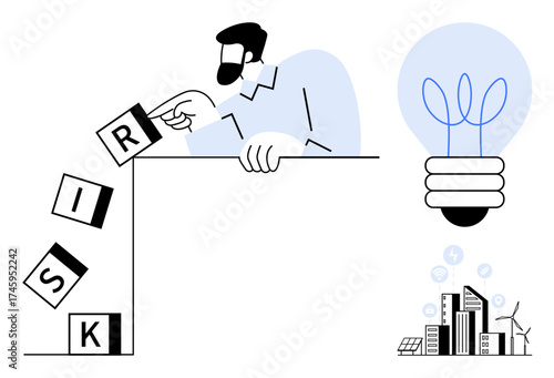 Man stopping falling blocks spelling risk, large light bulb symbolizing innovation, cityscape with energy icons. Ideal for problem-solving, innovation, leadership, risk management, decision-making