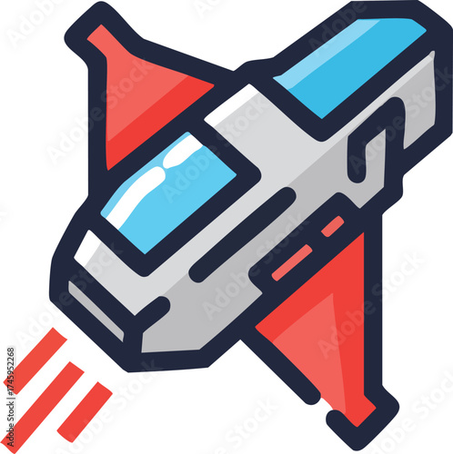 Illustration of a futuristic spaceship with red wings flying in space