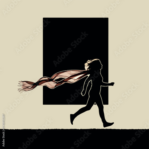 Dynamic silhouette of a person running with a long flowing scarf.