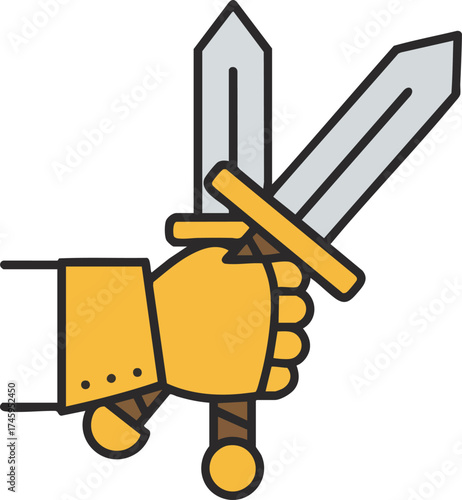 Gloved hand holding two crossed swords, flat vector illustration