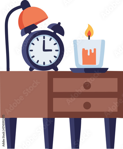 Nightstand with alarm clock and candle, bedtime illustration