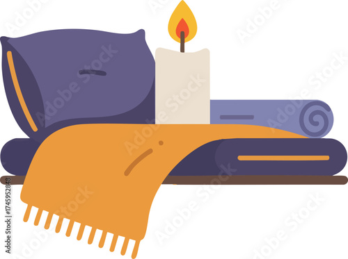 Cozy still life with pillow, blanket, rolled towel, and candle flame