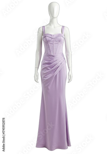Elegant lavender evening gown displayed on mannequin showcasing sophisticated design and fabric