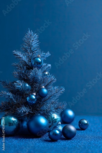 Small Blue Christmas Tree Decorated with Blue Ornaments on Blue Background