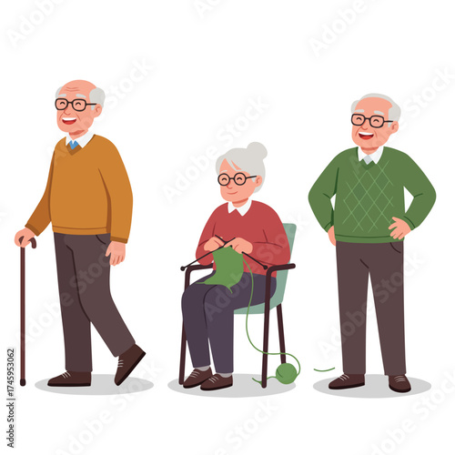 Set of elderly people characters in different poses and activities.