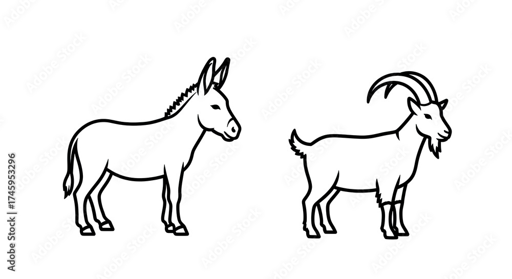 Fototapeta premium Donkey and goat outlines illustration